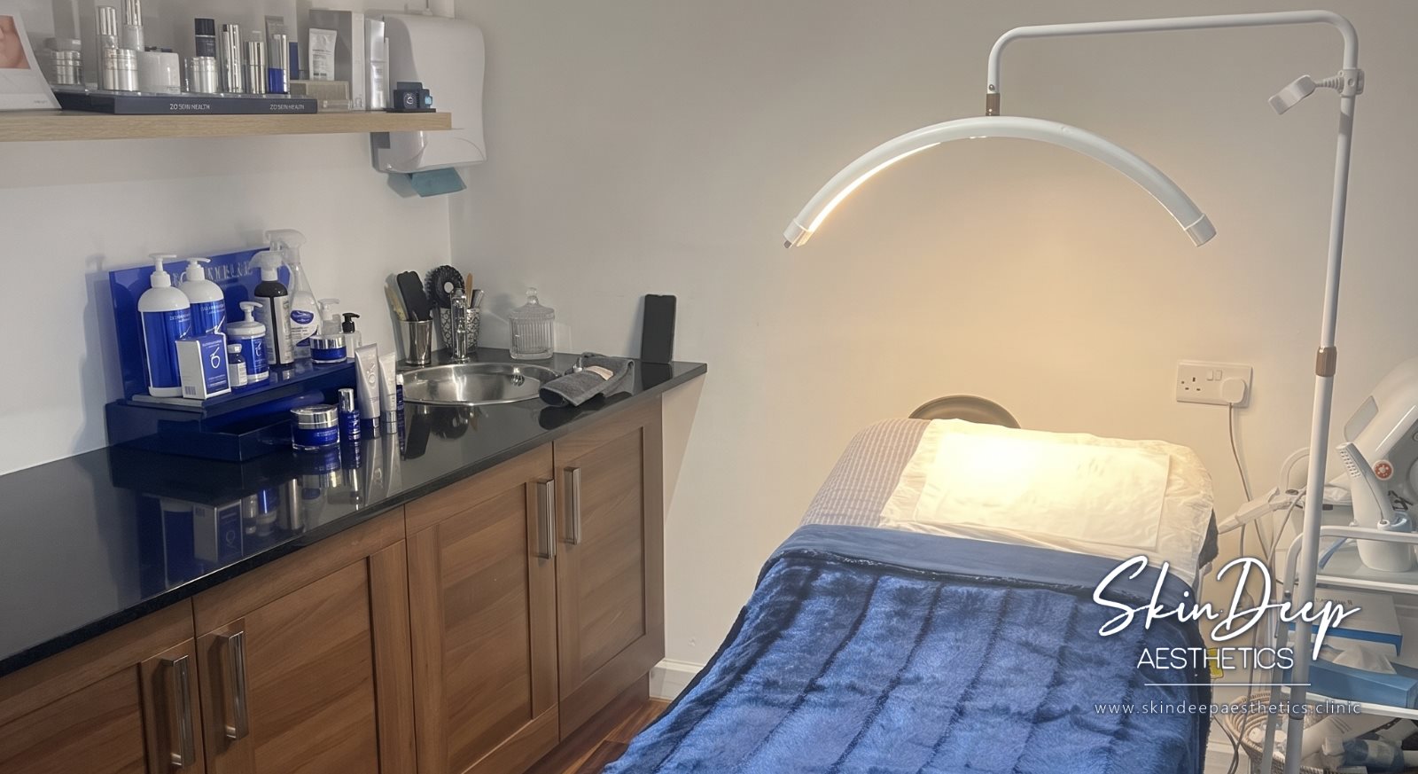 Treatment room at Skin Deep Aesthetics, with ZO Skin Health products